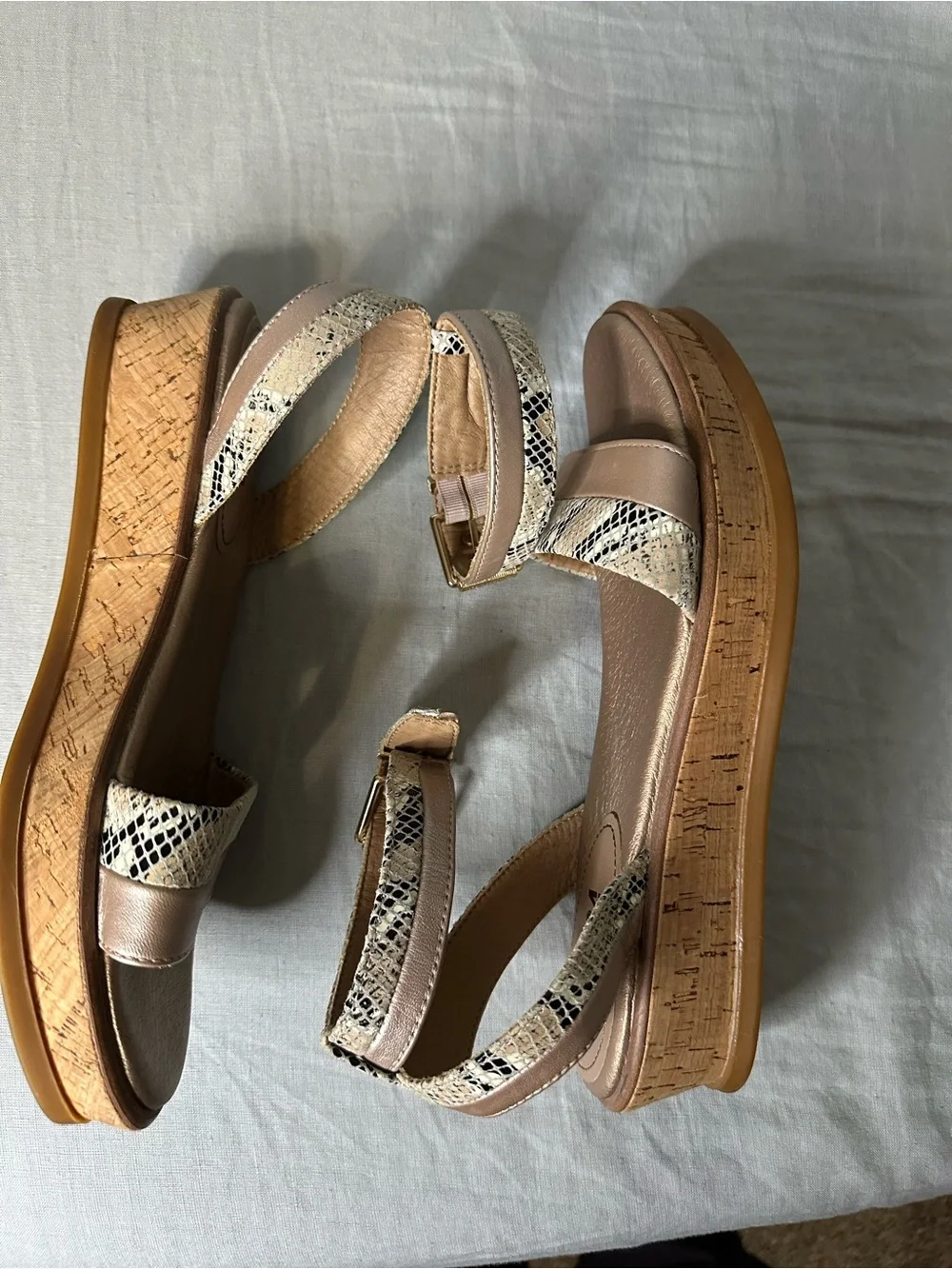 Lucca Lane Karel Cork Wedge Sandals, Metallic  Taupe & Snake Print Size 7 1/2